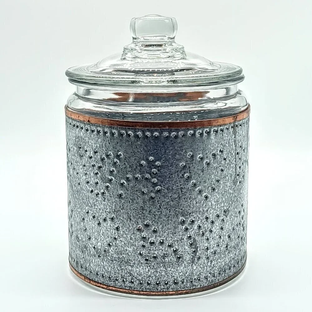 Punched Two Tone Metal Glass Covered Cookie Jar